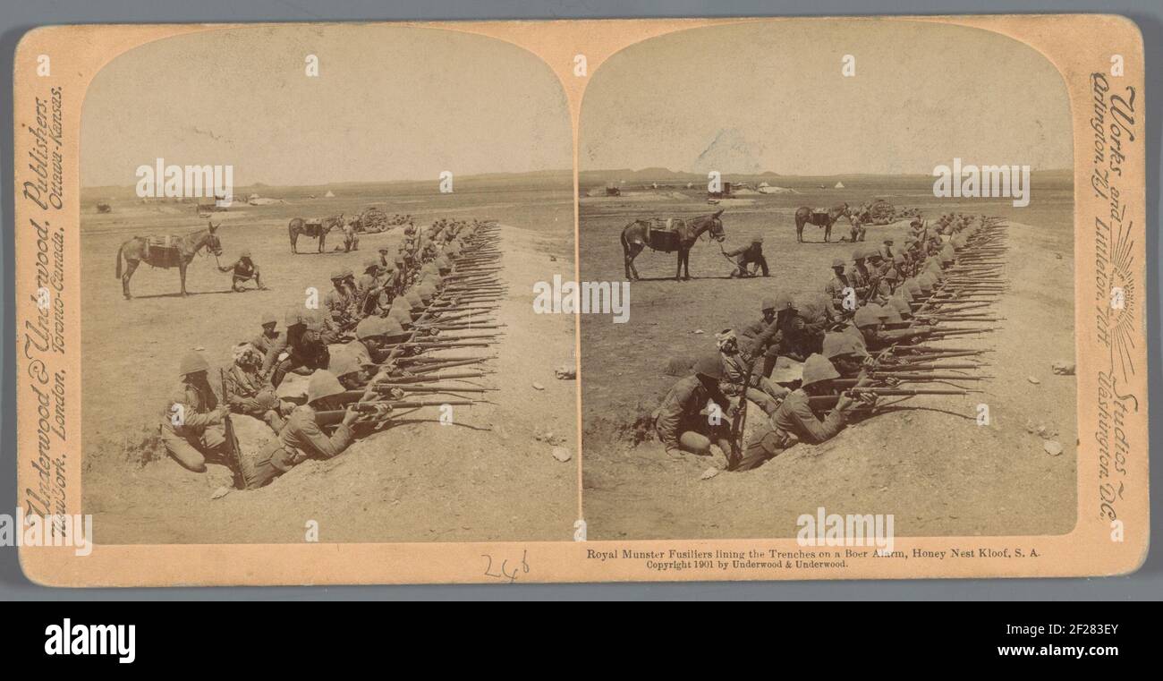 Anged representation of the Royal Munster Fusiliers in one trench in South Africa; Royal Munsters Fusiliers Lining The Trenches on a Farmer Alarm, Honey Nest Kloof, S.A ... Stock Photo