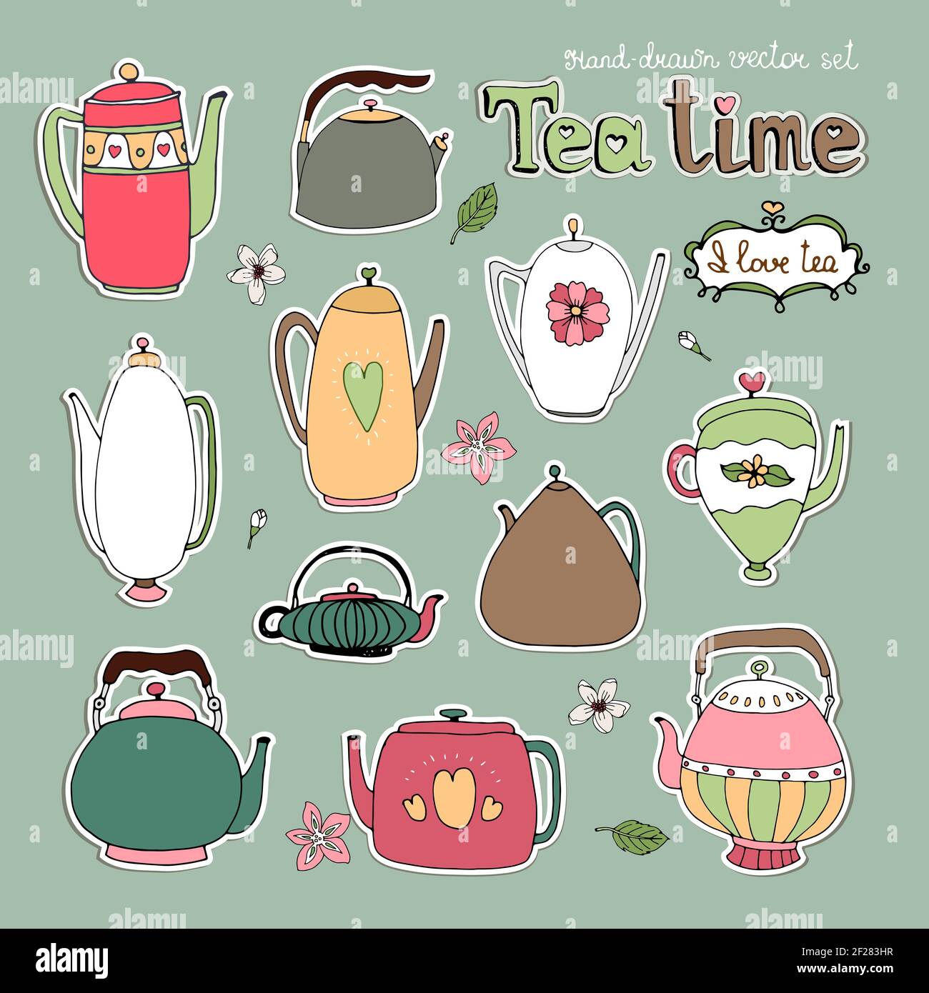 Selection of different hand drawn vector teapots and kettles in retro