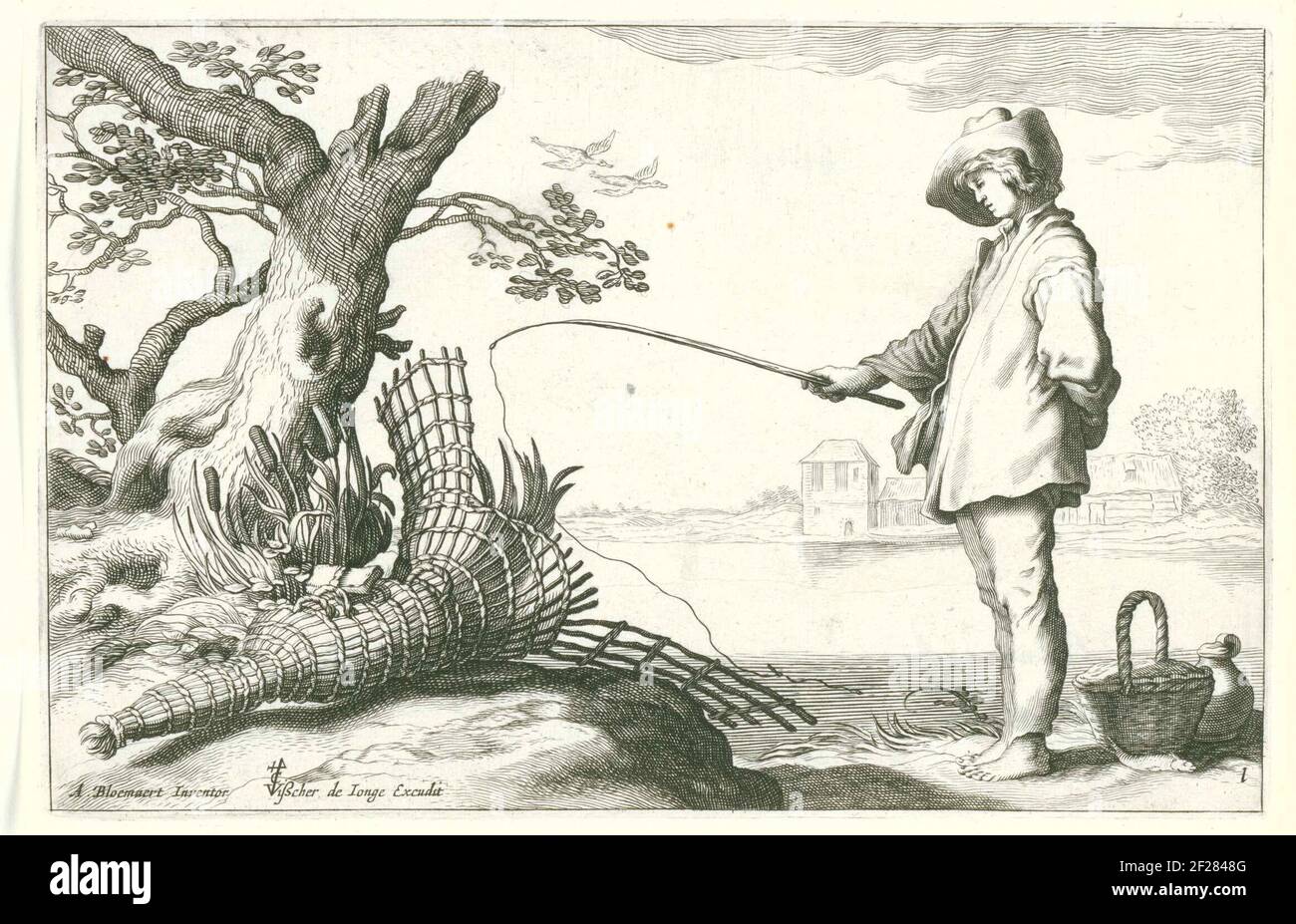 De jonge visser; Vier pastorale scènes.A young man stands next to a