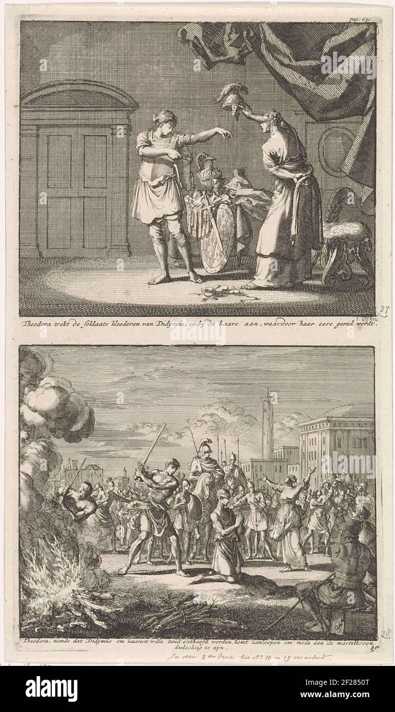 Two performances on a plate. Above: the H. Theodora attracts the soldier's clothing from Didymus. For example, she escaped from a brothel where she was locked up. Below: Didymus is blindfolded on his knees and is about to be beheaded by the executioner with a sword. The H. Theodora stops the execution and demands to be executed together with Didymus. Stock Photo