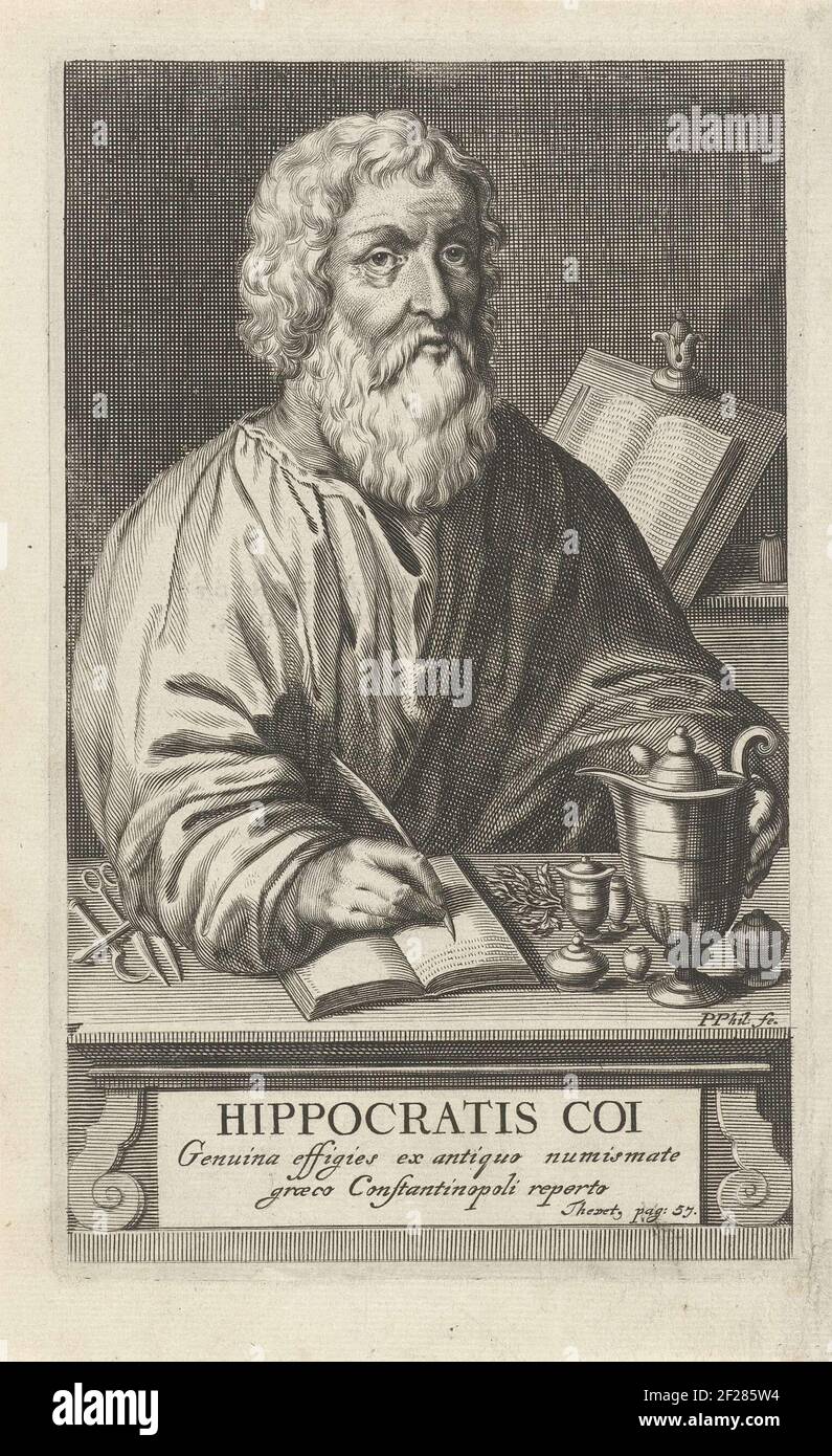 The Greek doctor Hippocrates from Kos in his study room, with a feather ...