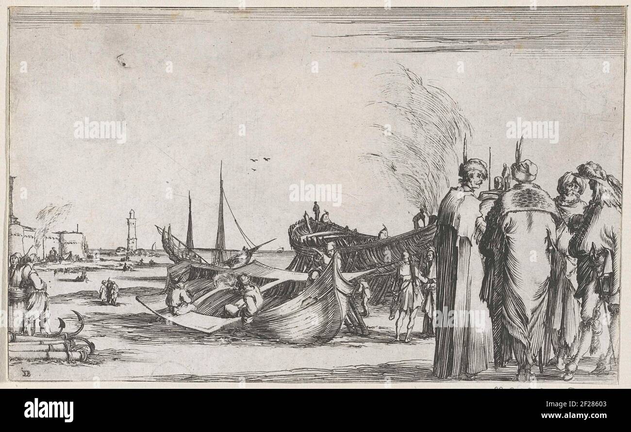 Mannen in gesprek op kade; Maritieme voorstellingen; Suite de huit marines.In the foreground three Turkish men in conversation with an Italian man. Harbor workers are in the weather with boats on the quay. In the background a fortification wall and a lighthouse. Stock Photo