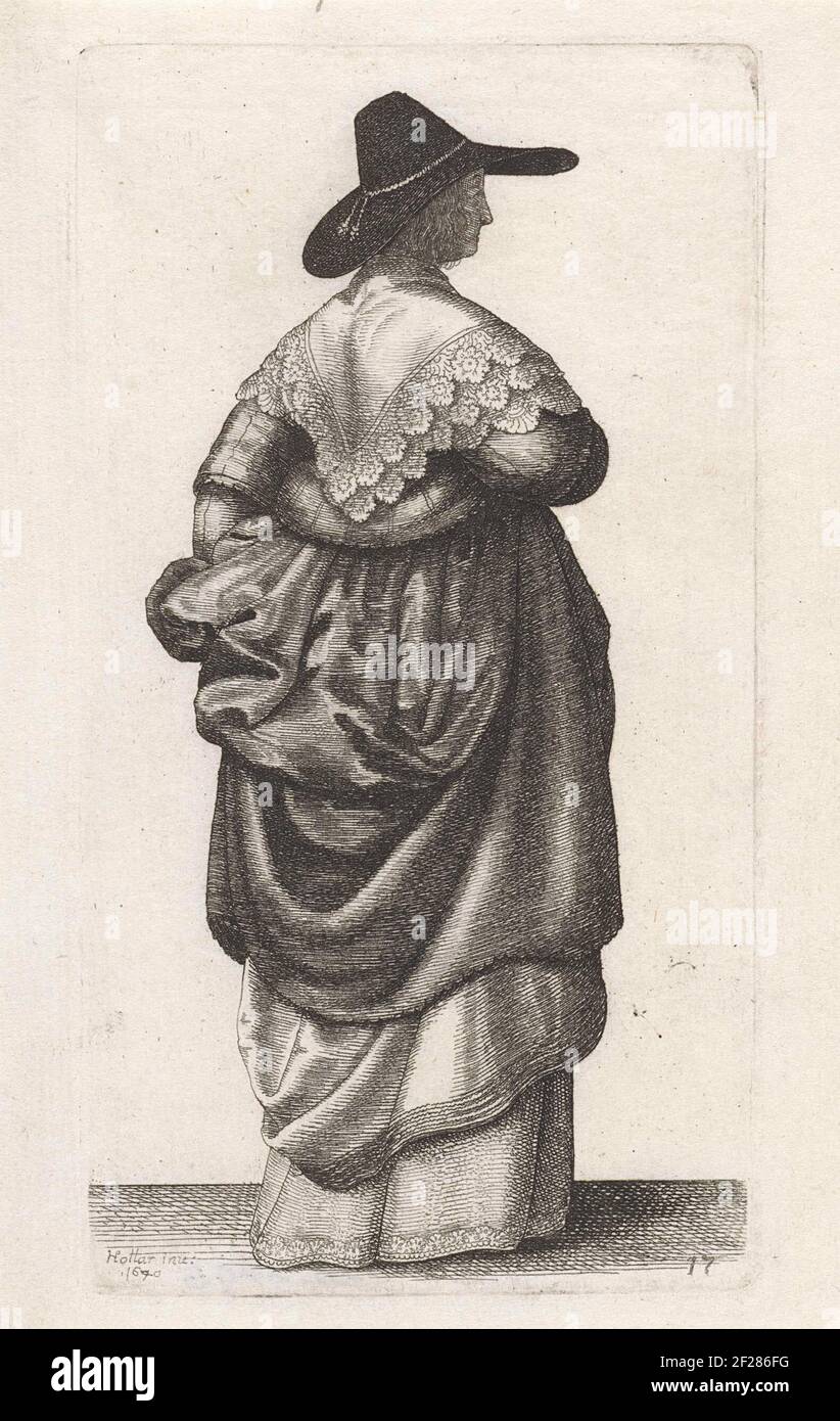 Vergelden Ben depressief Kennis maken Engelse vrouw met donkere hoed; Ornatus Muliebris Anglicanus; Vrouwen  gekleed volgens de Engelse mode, ca. 1640.English woman, seen on the back,  on the head a hat with tapered globe with hat band