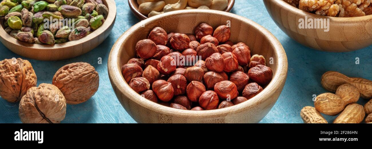 Hazelnuts, walnuts and other nuts panorama Stock Photo