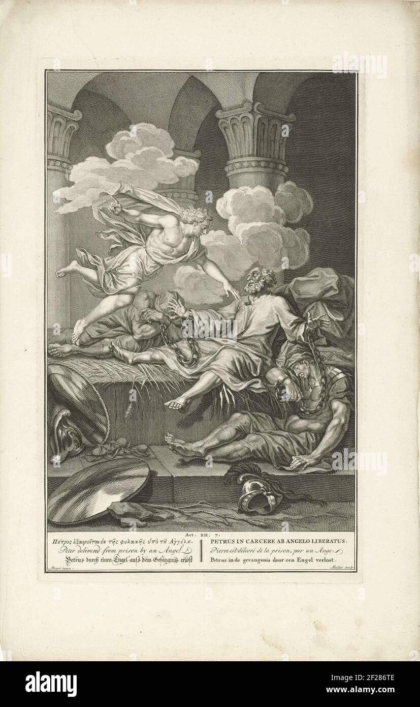 An angel appears to Peter in prison and says he must get up. The two soldiers sleep next to Petrus. At the bottom of the margin a reference to the Bible text and the title in Greek, English, German, Latin, French and Dutch. Stock Photo