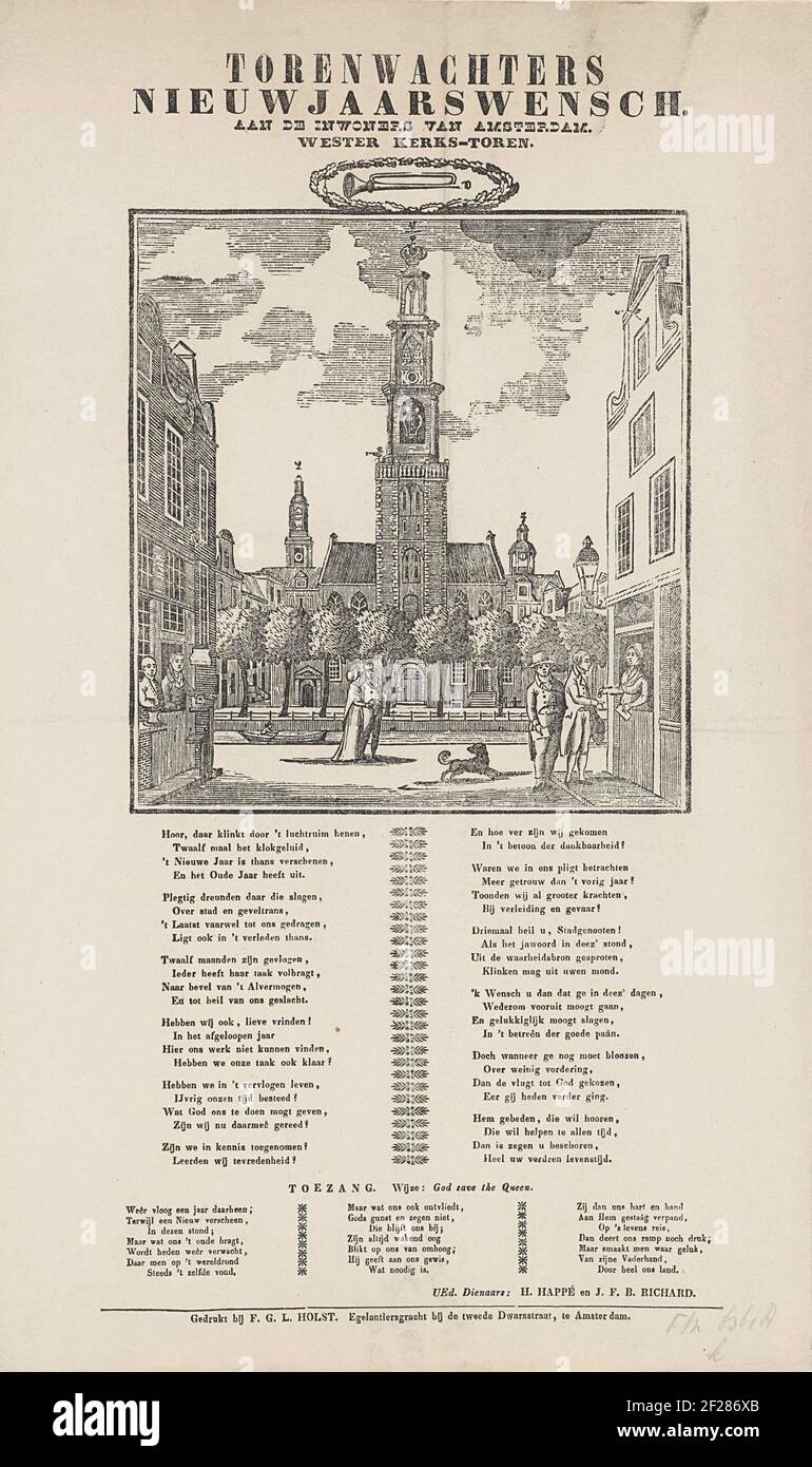 New Year's Wens of the Tower Guards of the Westerkerk in Amsterdam, approx. 1840-1870; Tower guards New Year's winch (...) Wester Kerks-toren.New Year's Wish from the Tower Guards of the Amsterdam Westerkerk, ca. 1840-1870. View of the Westerkerk in Amsterdam, two men get money on the houses. At the bottom of a poem in Two Columns and a Song in Three Verses. Of the Tower Guards: H. Happé and J.F.B. Richard. Stock Photo