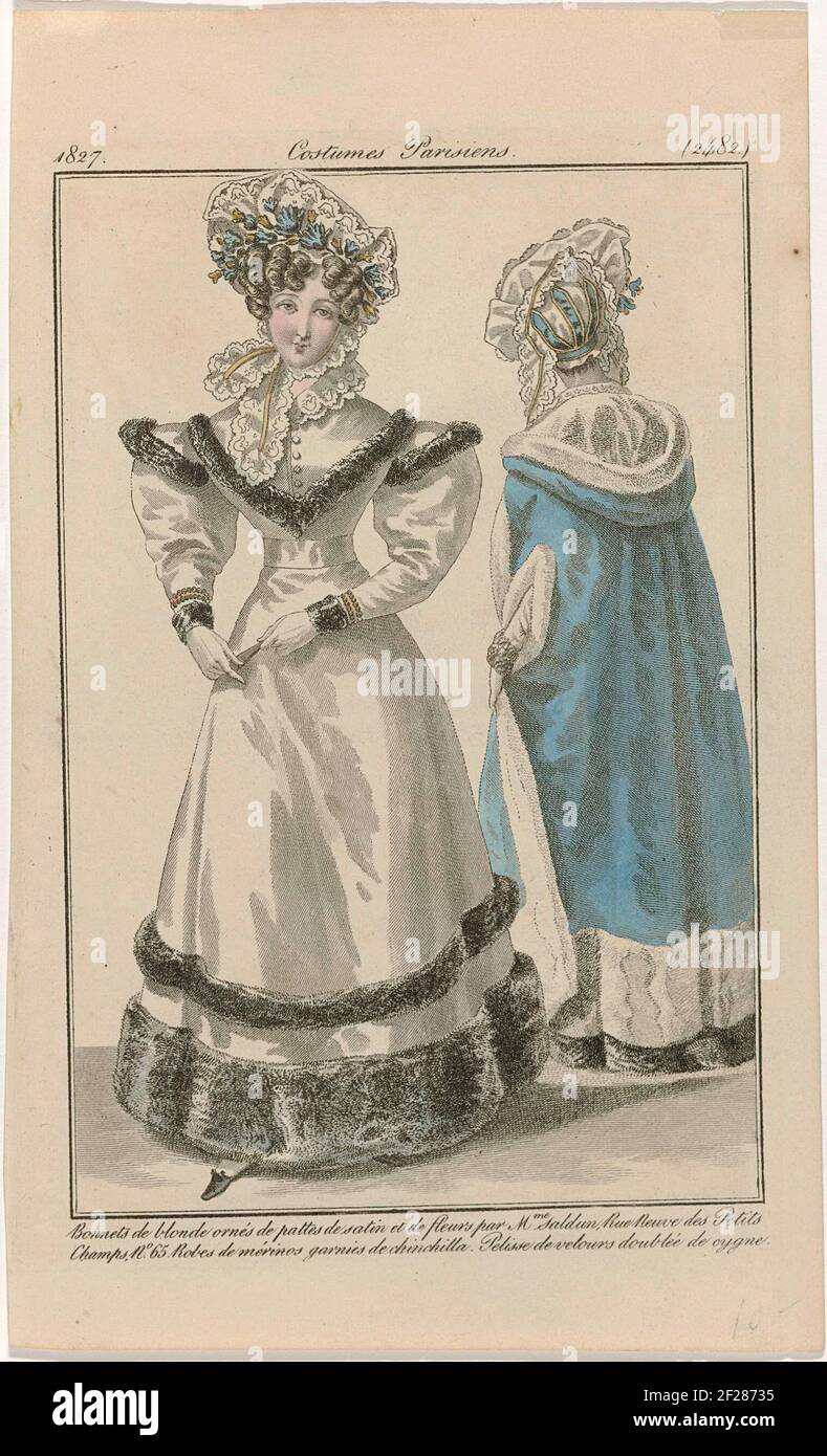 Journal des Dames et des Modes, Costumes Parisiens, 28 février 1827, (2482): Bonnets de blond (...).Two women, one of whom seen on the back, dressed in jokes of merino wool topped with chinchilla. Pelisse van Velvel lined with Zwanendons. Hats of blonde (docking side) decorated with 'pattes' of satin and saldun flowers. Further accessories: gloves, bracelets to both wrists, impeller, flat shoes. The print is part of the fashion magazine Journal des Laden et DES Moldes, published by Pierre de la Mésangère, Paris, 1797-1839. Stock Photo