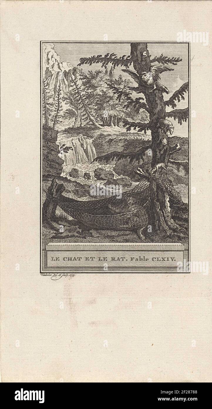 De kat, de rat, de uil en de wezel; Le Chat et le Rat. Fable CLXIV.The owl and the weasel are watching how the rat just gnaws in which the cat is caught. Illustration of Fabel CLXIV, Le Chat et Le Rat. Stock Photo