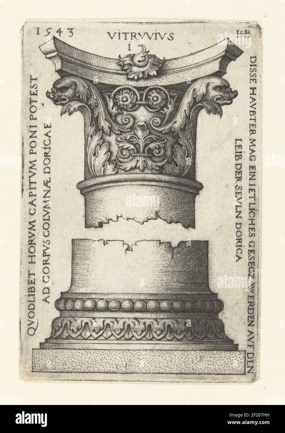 Capital, decorated with two fish heads and leaf refrences; Vitrvvivs i; Doric capitals and basements to vitruvius.the basement is decorated with a bead list and a palmetter Fries. 1 sheet or 4 sheets. Stock Photo