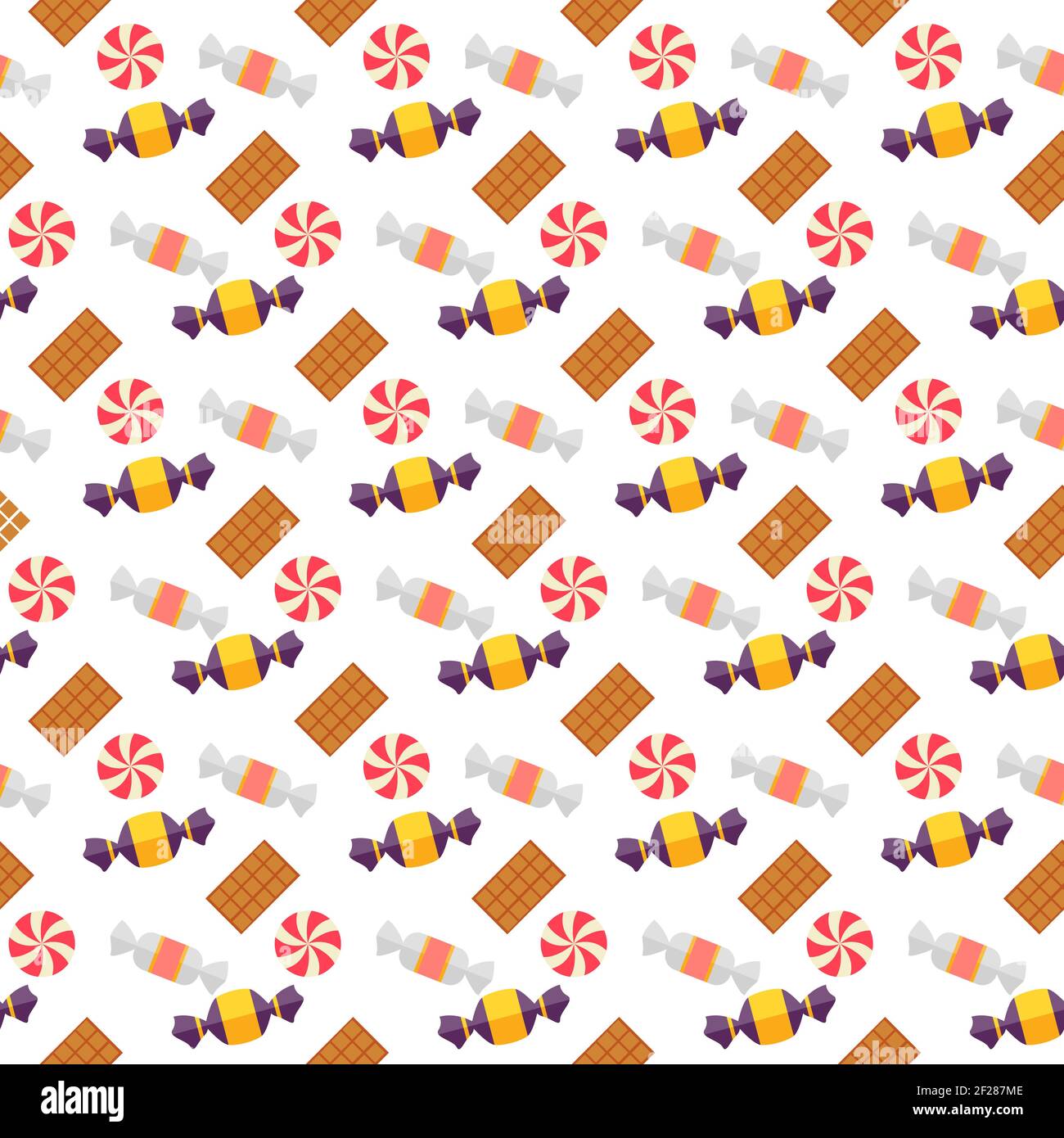 Sweet scandy and cookies seamless pattern with scattered boiled seets and toffees in wrappers  colorful striped spiral lollipops and rectangular biscu Stock Vector
