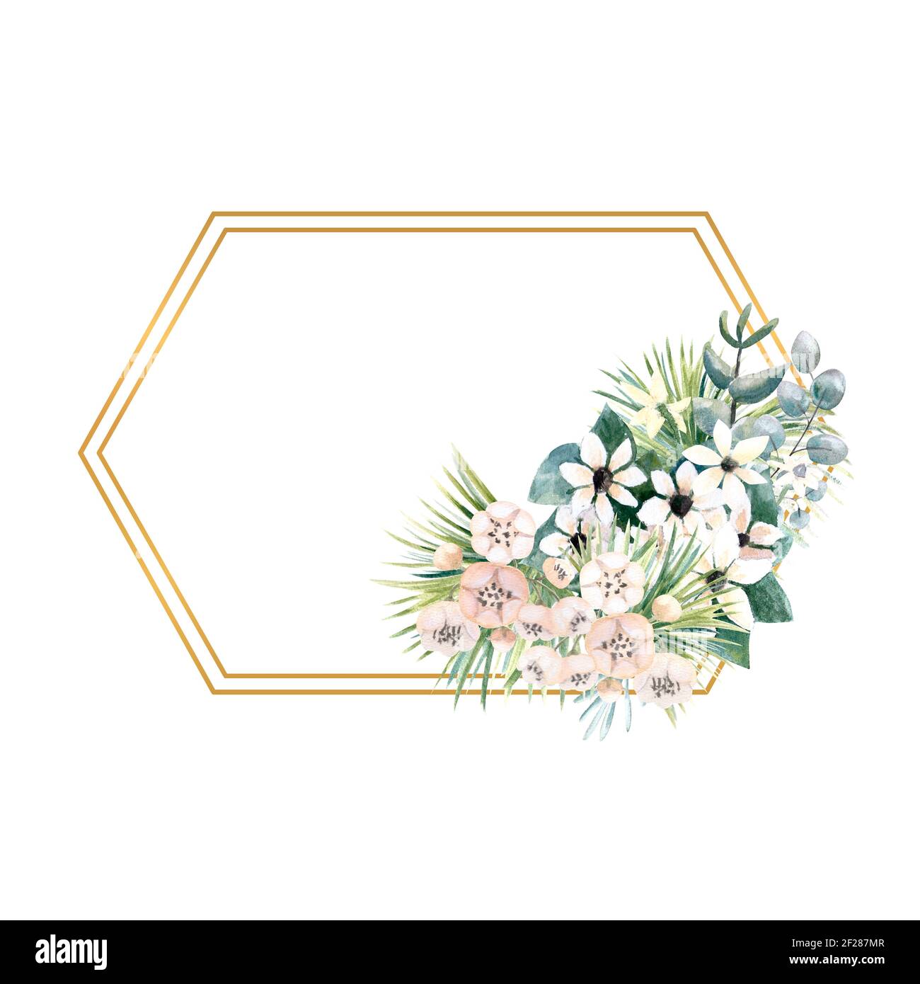 Hexagonal gold frame with small flowers of actinidia, bouvardia, tropical and palm leaves. Wedding bouquet in a frame for the design of a stylish Stock Photo