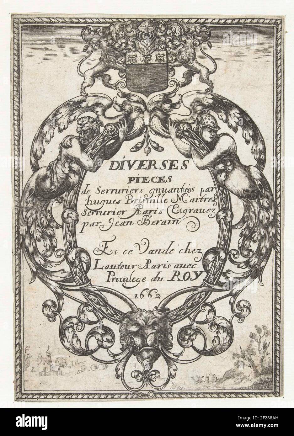 Titelblad: Diverses Pièces de Serruriers; Diverses Pièces de Serruriers.The text is in a round cartouche with a mask at the top and at the bottom of a lion's head. Title page from series of 14 sheets with batter, keys, door knockers and buttons. Stock Photo
