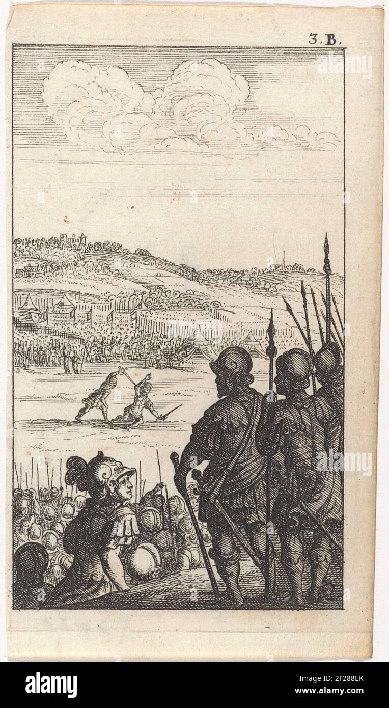 Twee vechtende mannen bij een legerkamp.Two men in arms, gladiators or soldiers are competing at an open space at a army camp. Many soldiers watch. In the distance some hills. At the top right: 3. B. Stock Photo