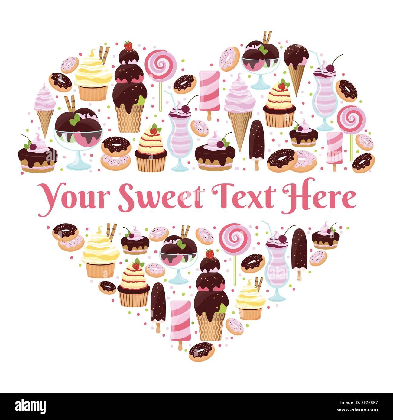 I Love Sweets heart shaped vector design with copyspace for text formed of colorful icons of ice cream  glazed and iced cakes  pastries  candy and des Stock Vector