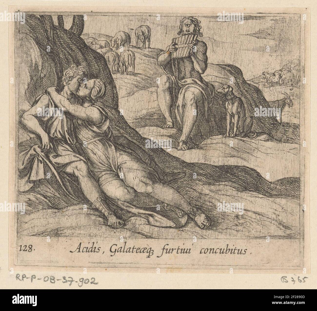 Galatea and acis embrace, while Polyphemus sings to Galatea; Acidis, Galateaeqe Furtivi Concubitus; Metamorphoseon Sive Transformationum; Metamorphoses from Ovidius.acis and Galatea Leached Under a Tree. Polyphemus, The One-Eyed Giant Who was Also in Love With Galatea, Plays On His Pan Flute. Title in Latin in undermarge. Stock Photo