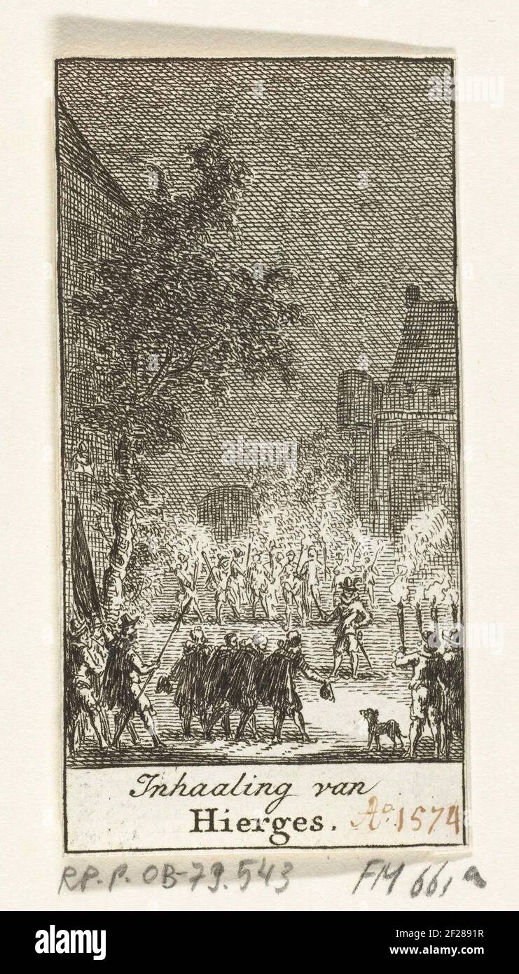 Inhaling van Hierges te Amsterdam, 1574; Inhaaling van Hierges.Night scene in which Gilles of Berlaymont, Baron of Heges, is received in Amsterdam, 1574. In the foreground representatives of the city, in the background soldiers with burning torches. Stock Photo