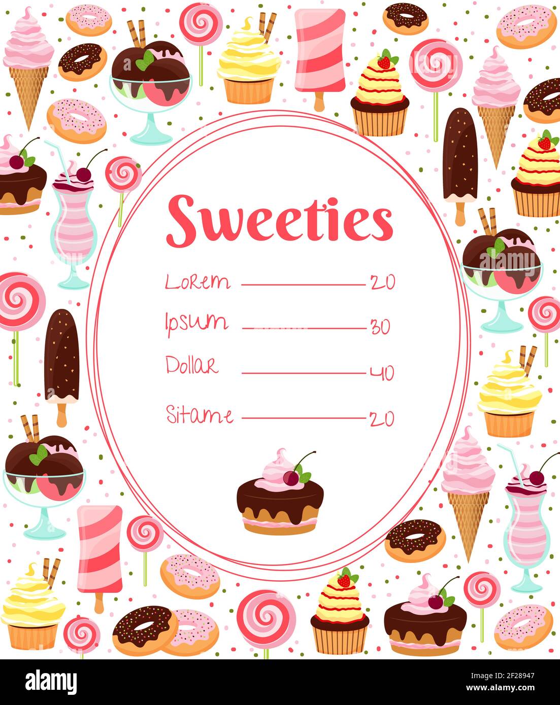 Sweets menu or price list template within an oval frame surrounded by