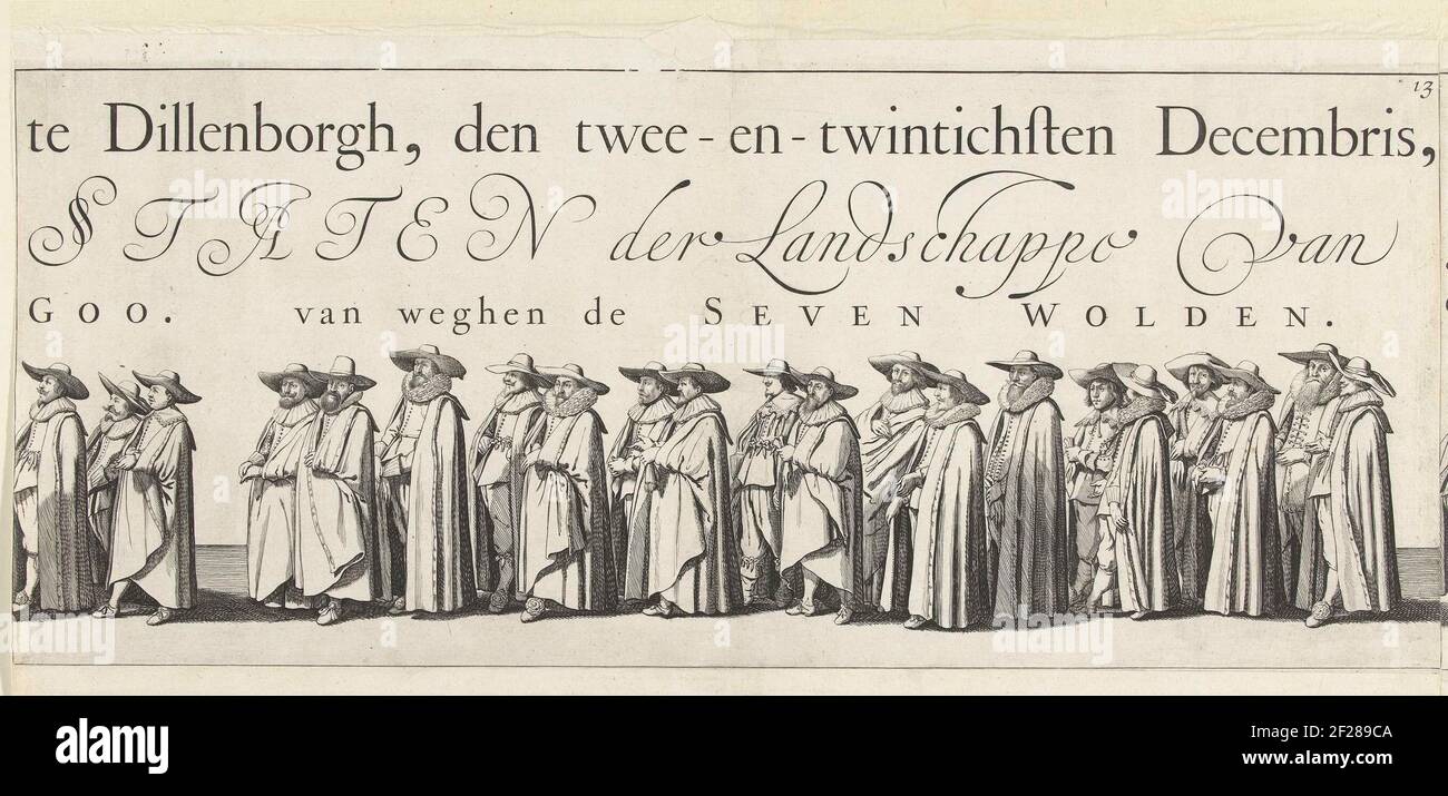 Part of the funeral procession of Ernst Casimir, Count of Nassau-Dietz in Leeuwarden (plate 13), 1633; Funeral of Ernst Casimir, Count of Nassau-Dietz in Leeuwarden, 1633; Treur-Stateghe uyt-vaert, or begraijdisse des Ondered Lichemems, van den On-Versaeghden, Ende Seer Strijdtbaenrijghs-heroes, Ernest Casimyr (...) Died in the Siestherhehe for Roermunde, by a Vyandtlijcke Koegel (... ) The five-and-twinthrests Maij, MDCXXXII. Buried within Leeuwarden in 't Choor of the Iacobiner Kercke, the third parties Ianuary, MDCXXXIII. Old style .. Part of the funeral procession with members of the state Stock Photo
