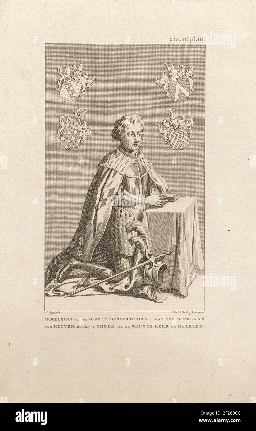 Portrait of Claes van Ruyven; Image of the glass in memory of Mr. Nicolaas van Ruiven Above 't Choor van de Groote Church in Haarlem.Portrait of Claes van Ruyven, Skilling in Armor and With Folded Hands at a Table With Prayer Book. Left and Right Above Are Four Coats or Arms, The Shield of Which is The Coat of Arms or Van Ruyven. Claes van Ruyven, Steward of the Count of Holland and Schout van Haarlem, was Killed in Haarlem in 1492 During The Uprising of Cheese and Bread. At the Top Right: XIX.dl.pl.III. Stock Photo