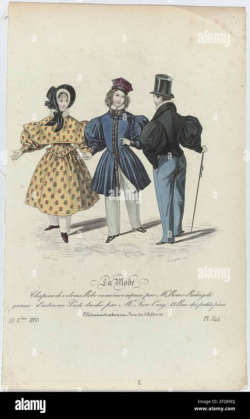 La Mode, 21 décembre 1833, Pl. 344 : Chapeau de velours-Rob  (...).Children's clothing: Velvet hat. Jap of printed merino wool by me  Rome. Redingote deposited with ASTrakan. Jacket with embroidery by Mr.