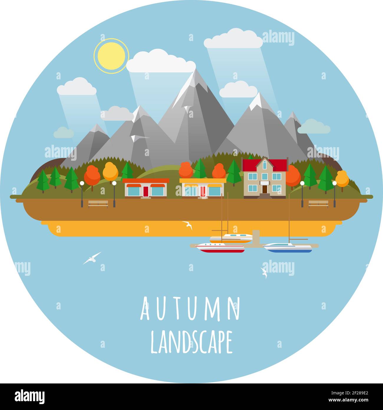 Flat fall landscape illustration with clouds, trees and seagulls. Sun and sky, mountains and autumn, vector illustration Stock Vector