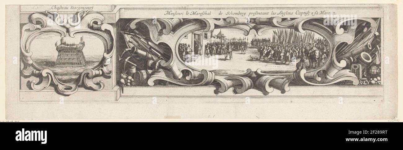 Beleg van La Rochelle, september 1627-oktober 1628 (randwerk, deel linksonder); Chasteau Dargencourt / Monsieur le Mareschal de Schomberg presentant les Anglois Captifs a sa Mayeste.Sixteenth part (edge work, part bottom left) of a print of the siege of the Huguenot Bolwerk La Rochelle in the years 1627 and 1628, which was conducted by the French king by the French army under the leadership of Cardinal Richelieu. On this leaf on the left a representation of a wooden tower in the sea and middle / right a show (surrounded by military attributes) of English prisoners of war that are led to King Stock Photo