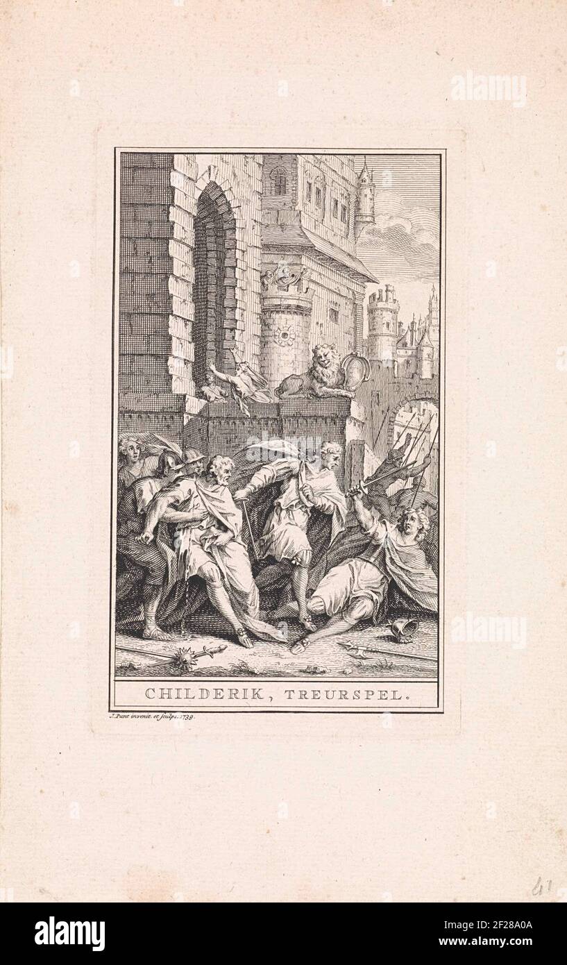 Battle for a castle; Childerik, torrent game; Title page for: Childerik, torrent game, 1738.an old man Has Just Stipulated, Soldiers Catch Him. A Young Man Goes The Perpetrator With His Sword. Women Flee Into The Castle in The Background. Stock Photo