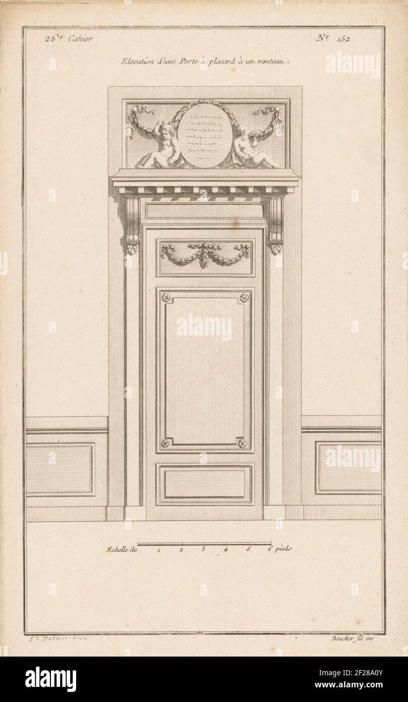 Door with putti and medallion; Elevation d'Une Porte à Plach à en Vanteau;  Doors and portals; 26th Cahier. A door with panels, above a panel with two  putti on either side of