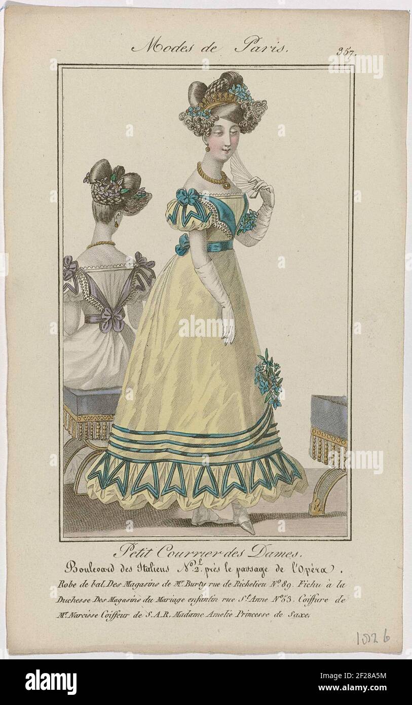 Petit Courrier des Dames, 1826, No. 357 : Robe de bal (...).Standing woman  dressed in a balkjapon, from the 'Magasins de Mr Burty'. She is wearing a  Fichu 'à la Duchesse', from