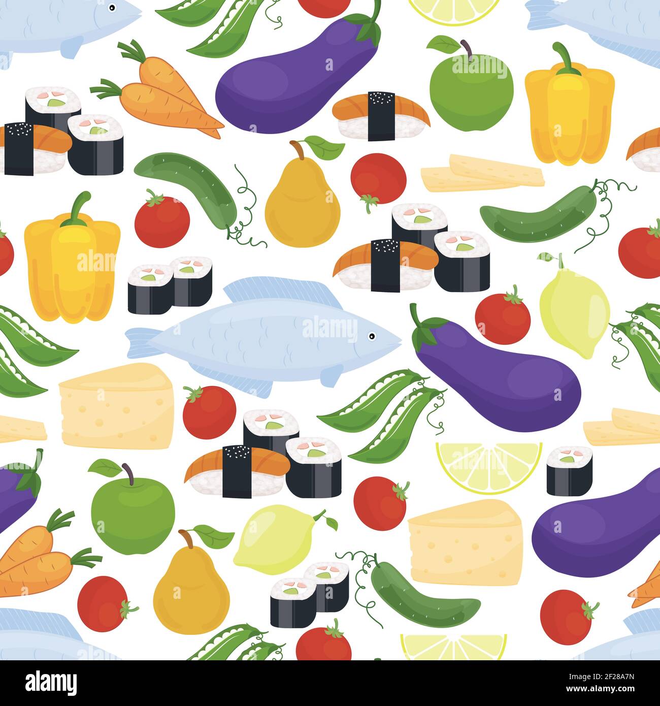 Healthy food seamless background pattern with colorful scattered icons ...