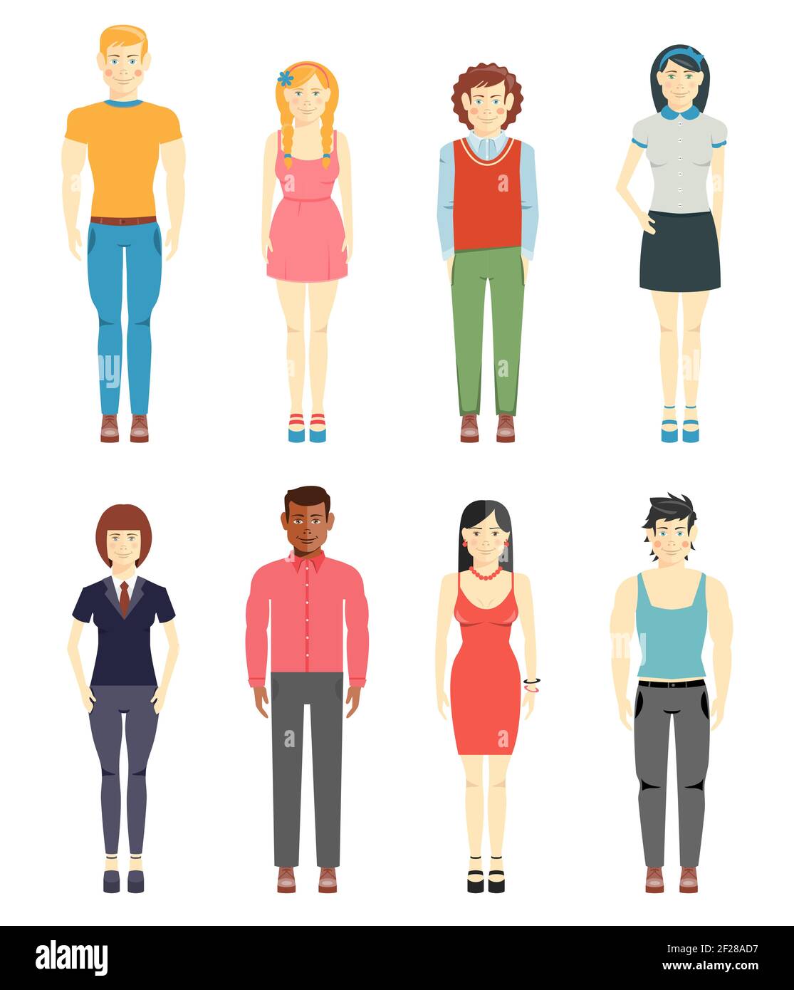 Vector young men and girls casual characters set isolated on white background Stock Vector