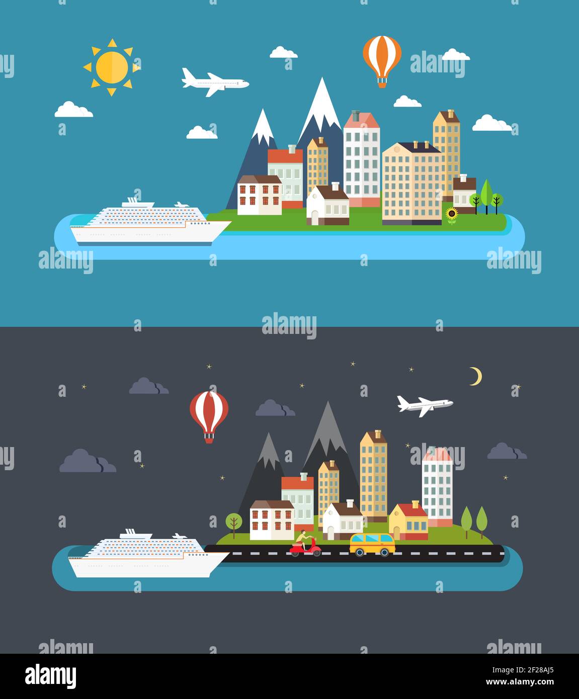 Urban landscape in flat style. City by day and night vector ...