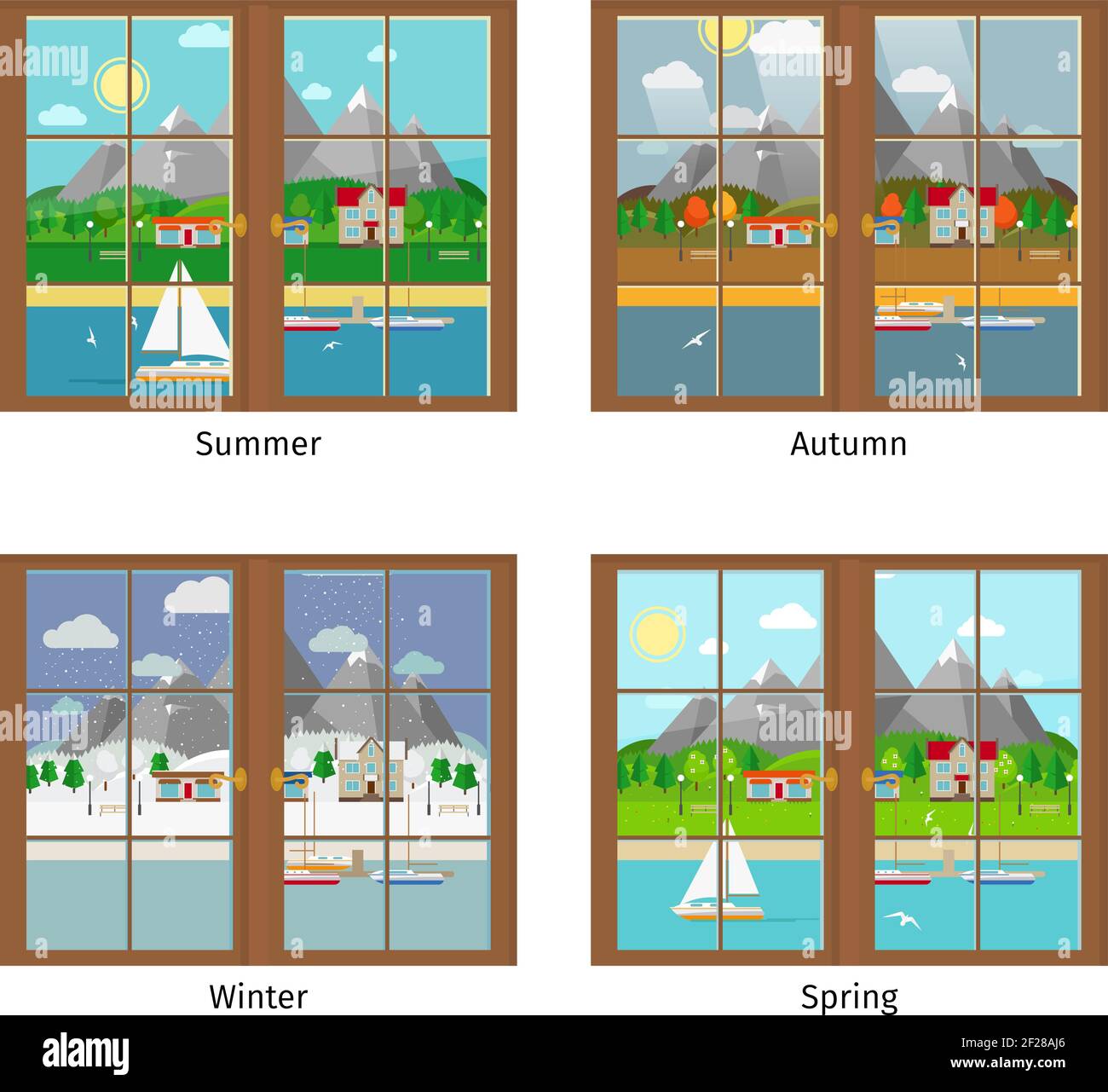 Vector window in different season. Summer and autumn, spring and winter ...