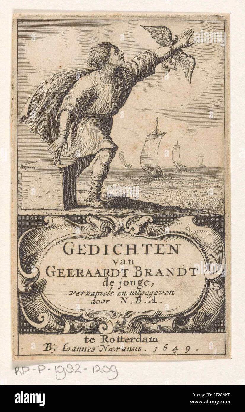 Young man with wings and block to hands; Title page for: Geeraardt burns, poems by Geeraardt Brandt de Jonge, 1649.A Young Man Stands on a Shore With His Right Hand Chained to A Block and Wings Around His Left Hand. Sailing Ships Sailed At Sea In The Background. Stock Photo
