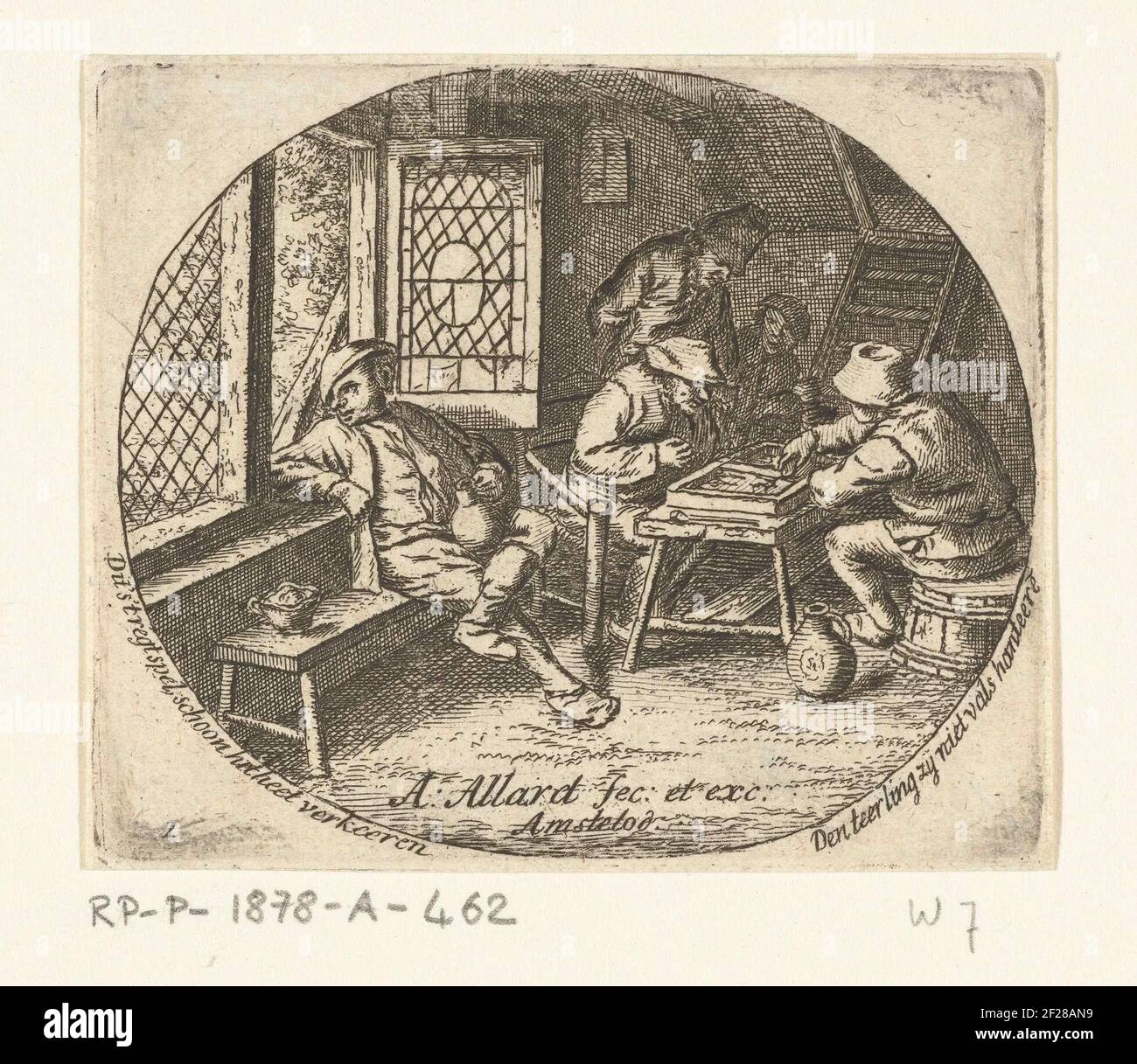 Boereninterieur met tric-trac (backgammon) spelers.Farmers interior with two men who play tric-trac at a table and at the window a drinking man, in an oval. With inscription in Dutch. Stock Photo