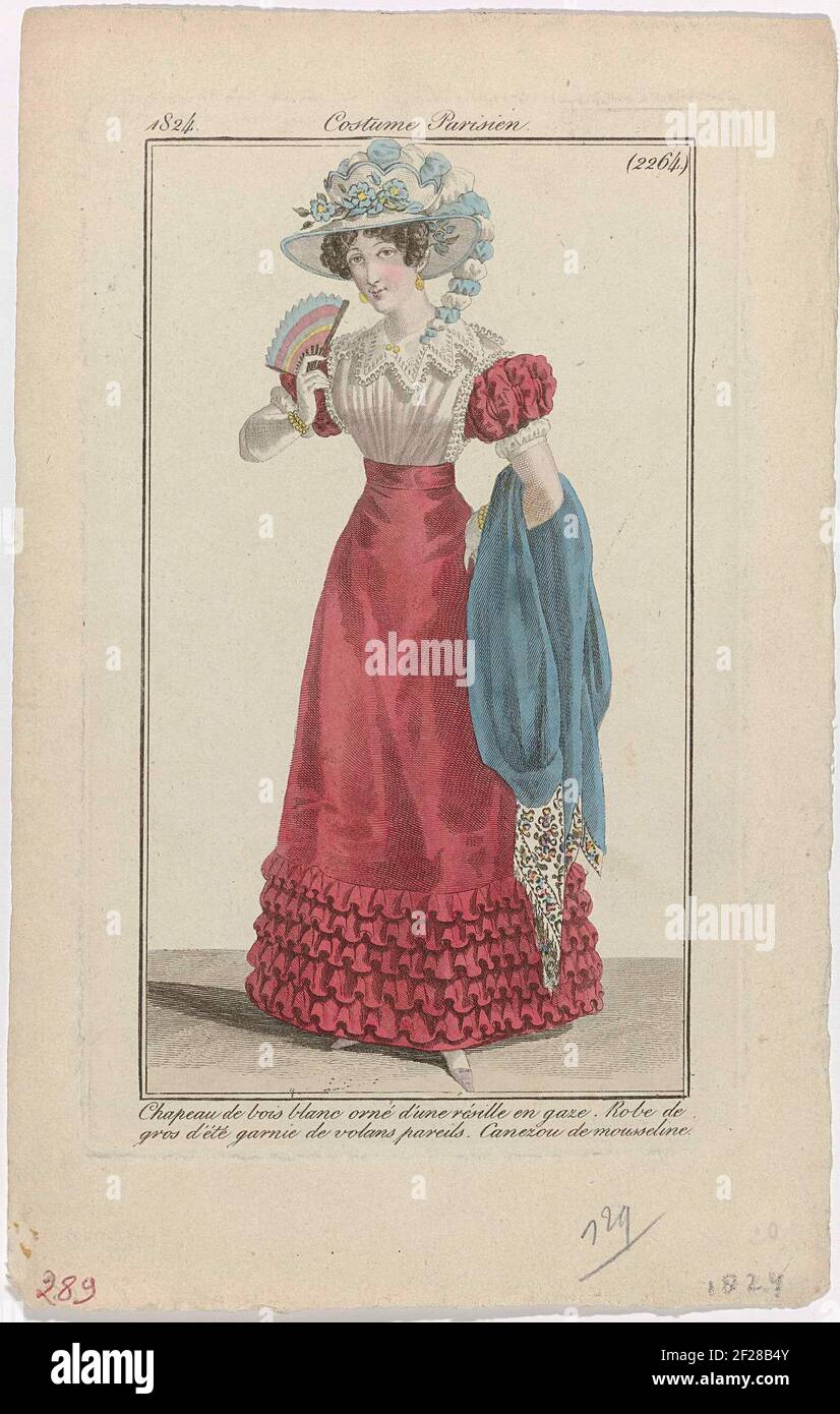 Journal des Dames et des Modes, Costume Parisien, 15 septembre 1824, (2264): Chapeau de bois blanc (...).Woman in a 'Gros d'été' crisp garnished with pleated strips of the same fabric. 'Canezou' from muslin. On the head a hat from 'Bois Blanc' decorated with a 'résille' of tulle. Further accessories: earrings, impeller, gloves, bracelets to both wrists, scarf, shoes with square noses. The print is part of the fashion magazine Journal des Laden et DES Moldes, published by Pierre de la Mésangère, Paris, 1797-1839. Stock Photo