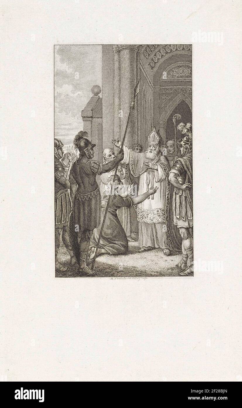 Johannes Chrysostomos geeft zich over aan soldaten.In front of the entrance to a church, Johannes Chrysostomos surrendered to the soldiers who stand for him. A woman has been knocked down for the spiritual. Stock Photo