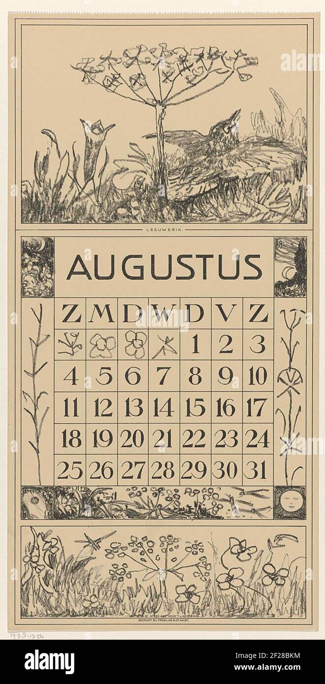 Kalenderblad augustus met leeuwerik en bloem; Kalender 1918 12 lithografien door Th. v. Hoytema.The flower may be a breeze claw. In the corners the positions of the moon on four days. A tear line at the top of the magazine. Stock Photo