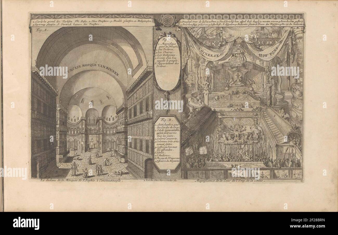 Turkse moskee in Constantinopel; Keizerlijk hof in China; Turksche moque van binnen / Le dedans de la Mosquée de S. Sophie, à Constantinople // Chineese Hof Pomp / Magnificience de la Cour de l'Emp. de la Chine.; Les Indes Orientales et Occidentales et autres lieux.Presentation in two parts. Left the inside of a Turkish mosque in Constantinople (instanbul) called the Hagia Sophia. On the right the imperial court of China with a front for the bodyguards and a status. Behind it a throne with the emperor. With a legend in Dutch and French. The print is part of an album. Stock Photo