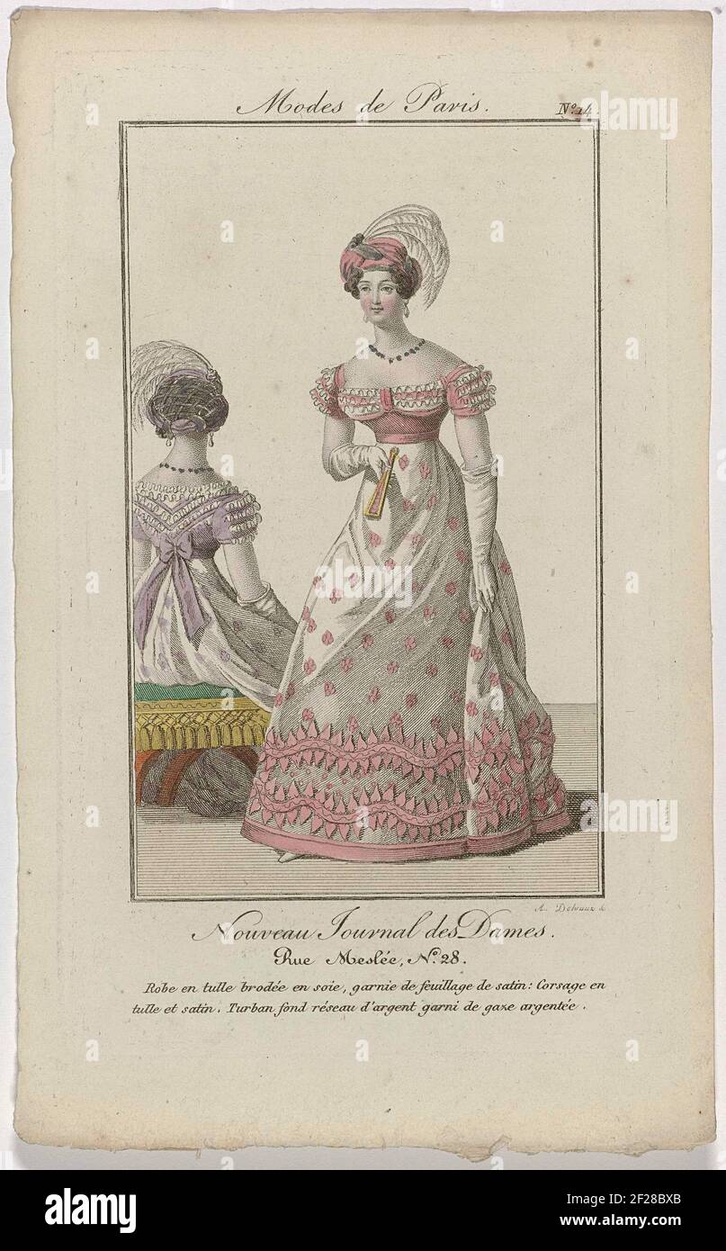 Nouveau Journal des Dames, 1821, Pl. 14 : Robe en tulle brodée en soi (...).Standing woman dressed in a chon of tulle embroidered with silk, trimmed with fate of satin. The bodice is made of tulle and satin. On the head a turban, at the rear a silver (hair) just, decorated with 'gaze Argentée' (Lamé?). Further accessories: earrings, necklace, long gloves, impeller. Next to her is a woman on a tabouret, seen on the back, dressed in the same dress. Print from the fashion magazine Nouveau Journal des Ladies, Paris, from 5 July 1821 to the end of December 1821. From January 1822 to 1868 the fashio Stock Photo