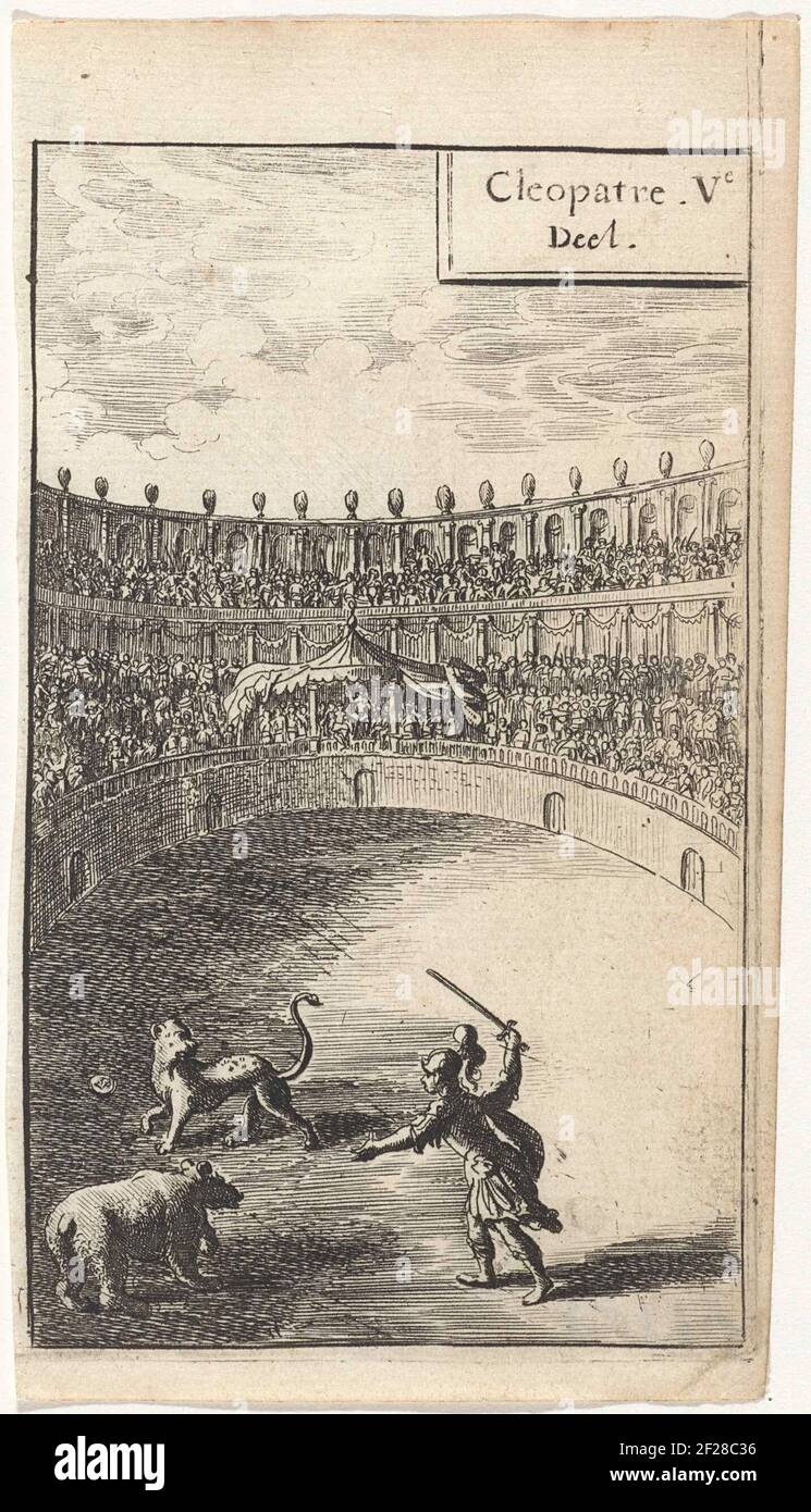 Gladiator in gevecht met twee dieren; Titelpagina voor: Calprenède, La. Cleopatre Ve deel (...), 1666.A gladiator fights against a lion and a bear. The audience is increasing from the busy stand. In the middle the royal lodge. Stock Photo