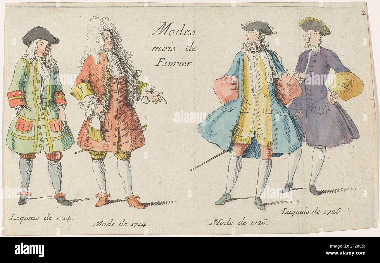Modes mois de fevrier; Four men dressed according to fashion from 1714 and  1726; Mercure de France. On this fashion print from the Mercure de France  of February 1726, the contemporary fashion