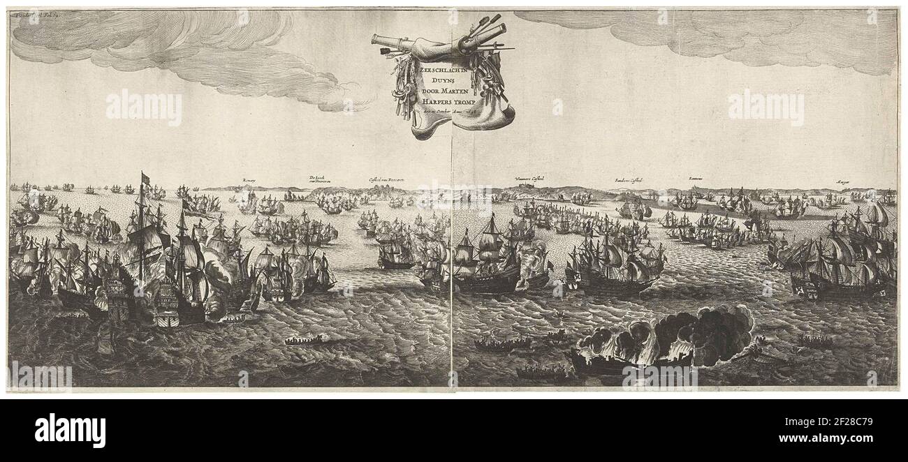 Zeeslag bij Duins, 1639; Zeeschlach in Duyns door Marten Harpers Tromp den 21 October Anno 1638.Sea battle at Duillen between the Spanish fleet under the command of Antonio de Oquendo and the State Fleet among Maarten Harpertsz. Tromp, October 21, 1639. On the left on the mirror, since the Admiral ship of Tromp the Aemilia (Amelia) next to the Santa Teresa that is on fire. On the right in the foreground a burning ship and sloops with crew members, on the right the conquered Spanish ships. In the background the English coast between Romney and Margate. At the top in the middle a cartouche with Stock Photo