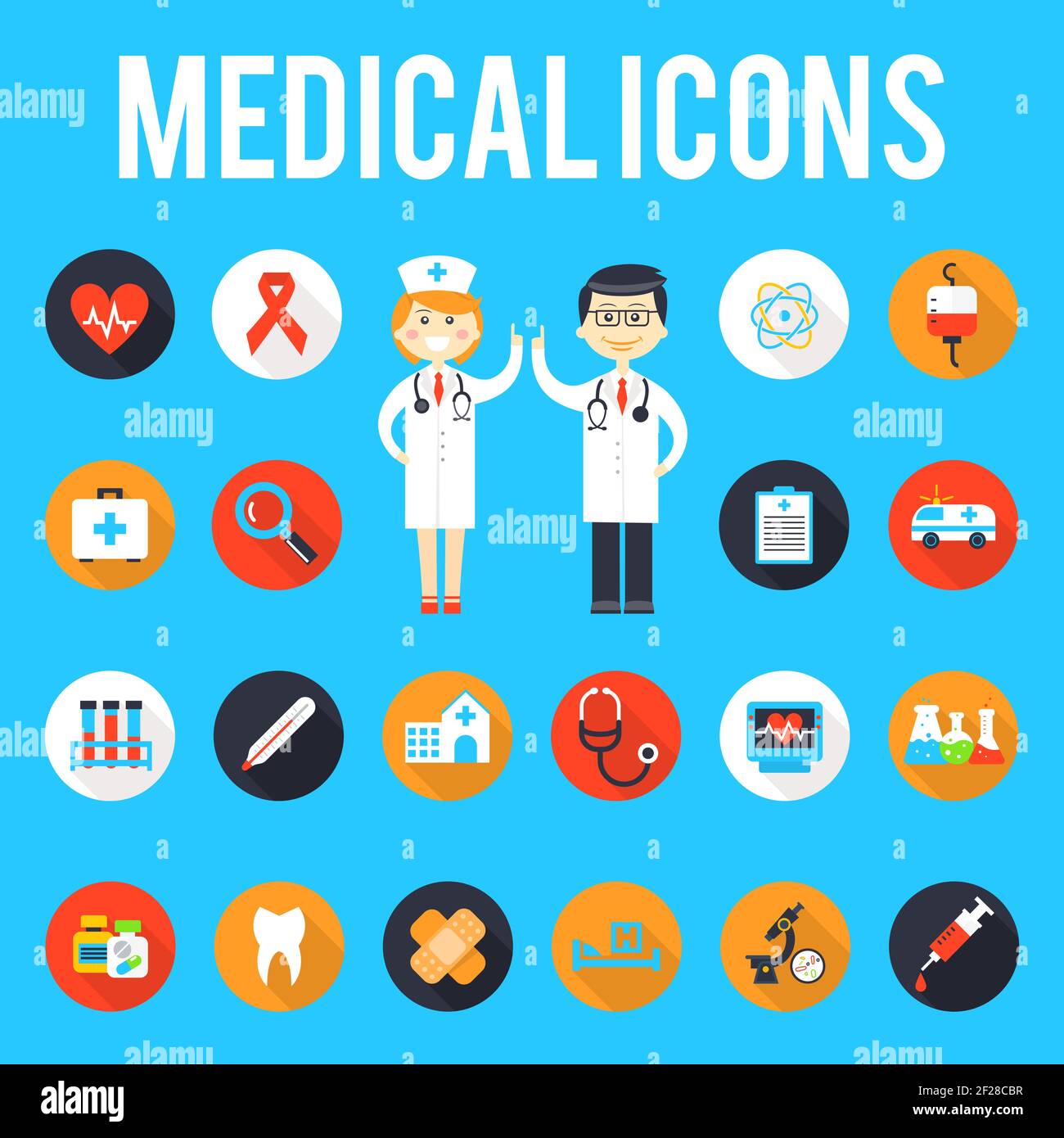 Medical tools and medical staff flat icons. Medicine and hospital