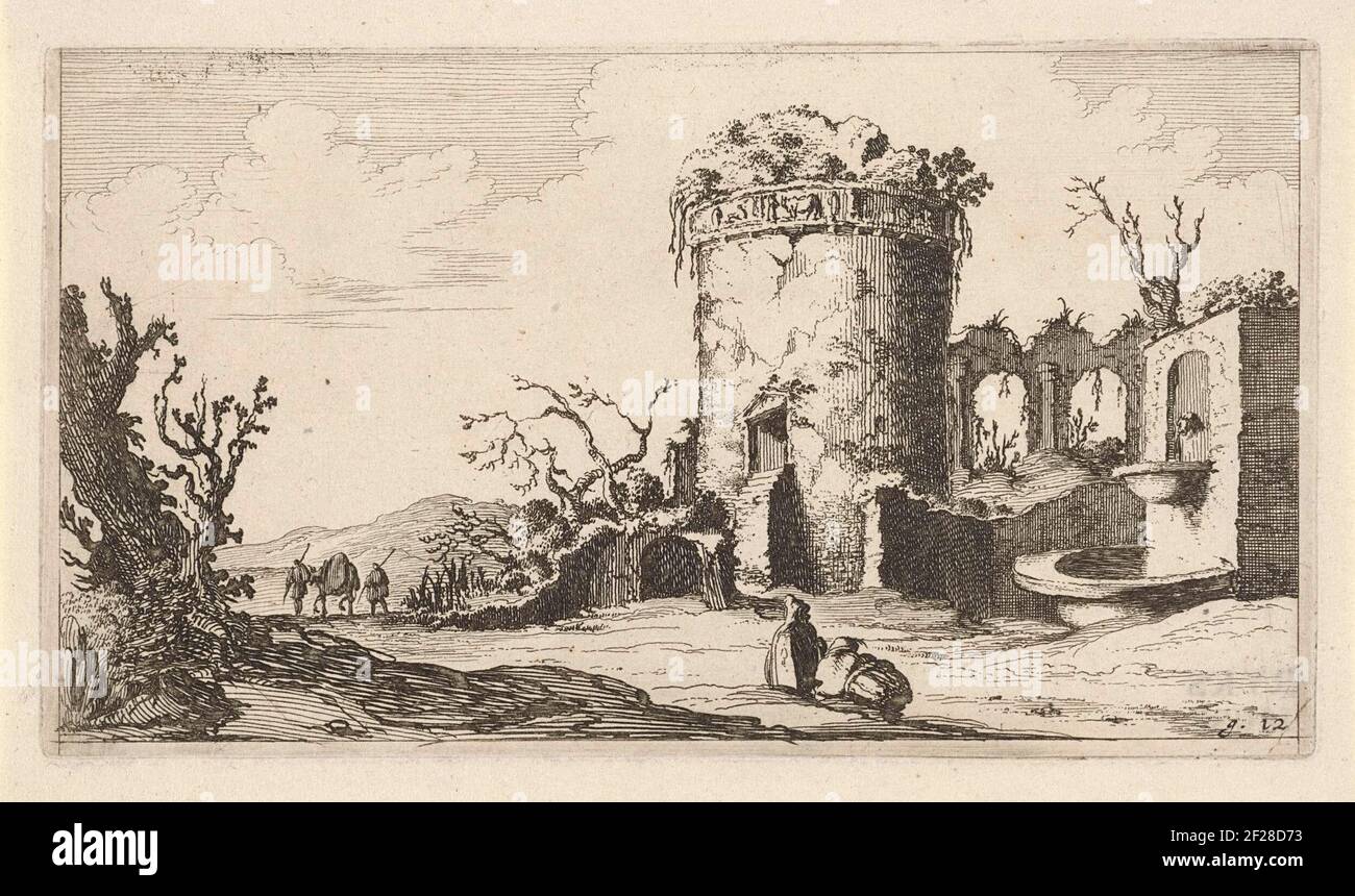Christendom geluid voor de hand liggend Fontein bij ruïne met een ronde toren; Twaalf landschappen.There is a ruin  with a round tower and a fountain in a landscape. There are two travelers  along the ruin with a horse.