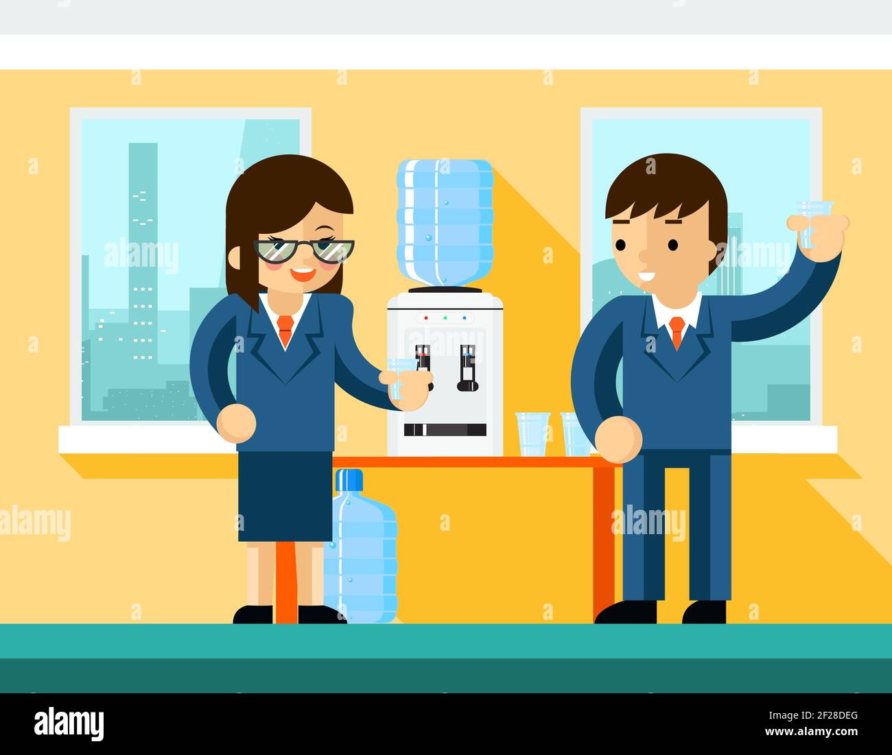 Business people near water cooler. Office design, bottle and person
