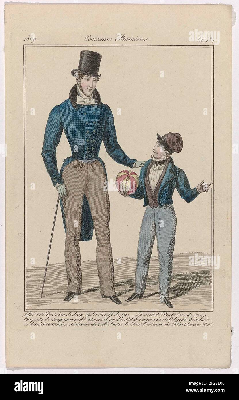 Journal des Dames et des Modes, Costumes Parisiens, 15 novembre 1829,  (2743): Habit et Pantalon de drap (...).Man in a 'habit' and long trousers  of Laeken. Vest of silk. Stretched neckerchief. Accessories: