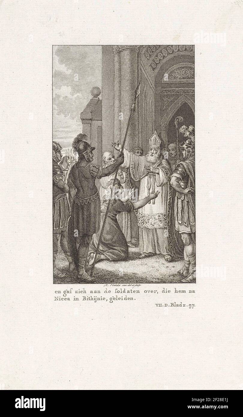 Johannes Chrysostomos gives up to soldiers; And gave himself to the soldiers, who guided him after Nicea in Bithijnie, a Church, Johannes Chrysostomos Surrendered to the Soldiers Who Stand for Him. A Woman Has Been Knocked Down For The Spiritual. Stock Photo