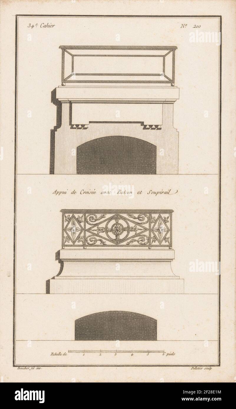 Two balconies and basement holes; Appi the Croisée avec Balcon et soupirail; Window sills and balconies; 34th Cahier.twee balconies with cellar holes below. The lower balcony is ornamented. Print number 200. Stock Photo