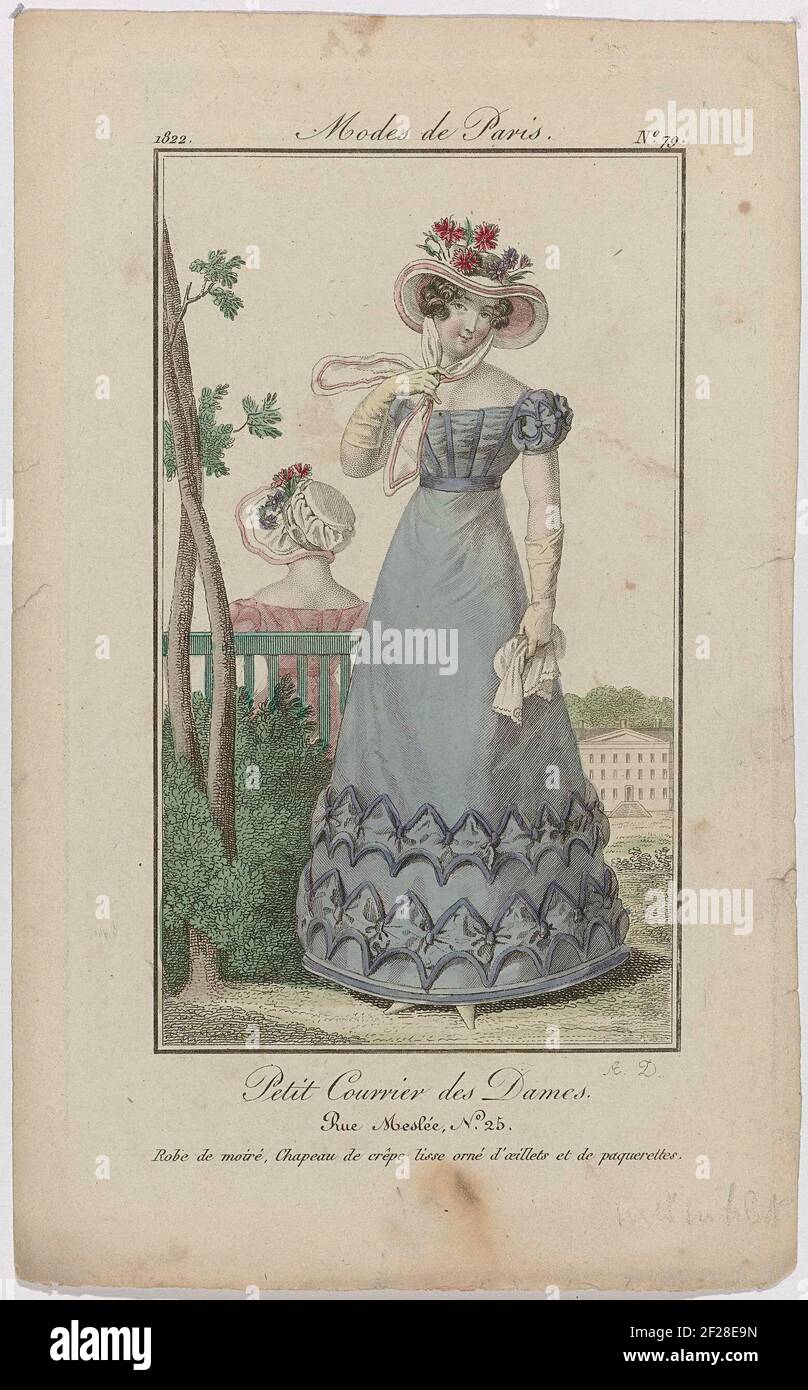 Petit Courrier des Ladies, 1822, No. 19: Robe de Tulle Traversée et Garni  (...). Harp playing woman seen on the back. Dressed in a Jap of tulle,  deposited with 'Rouleaux' of satin.